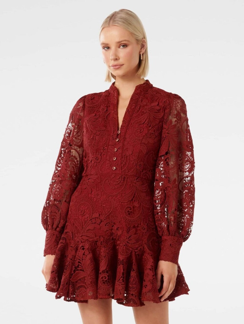 🌹Forever New Iris Lace Long-Sleeve Mini Dress in Deep Red Size 2 🌹NWT